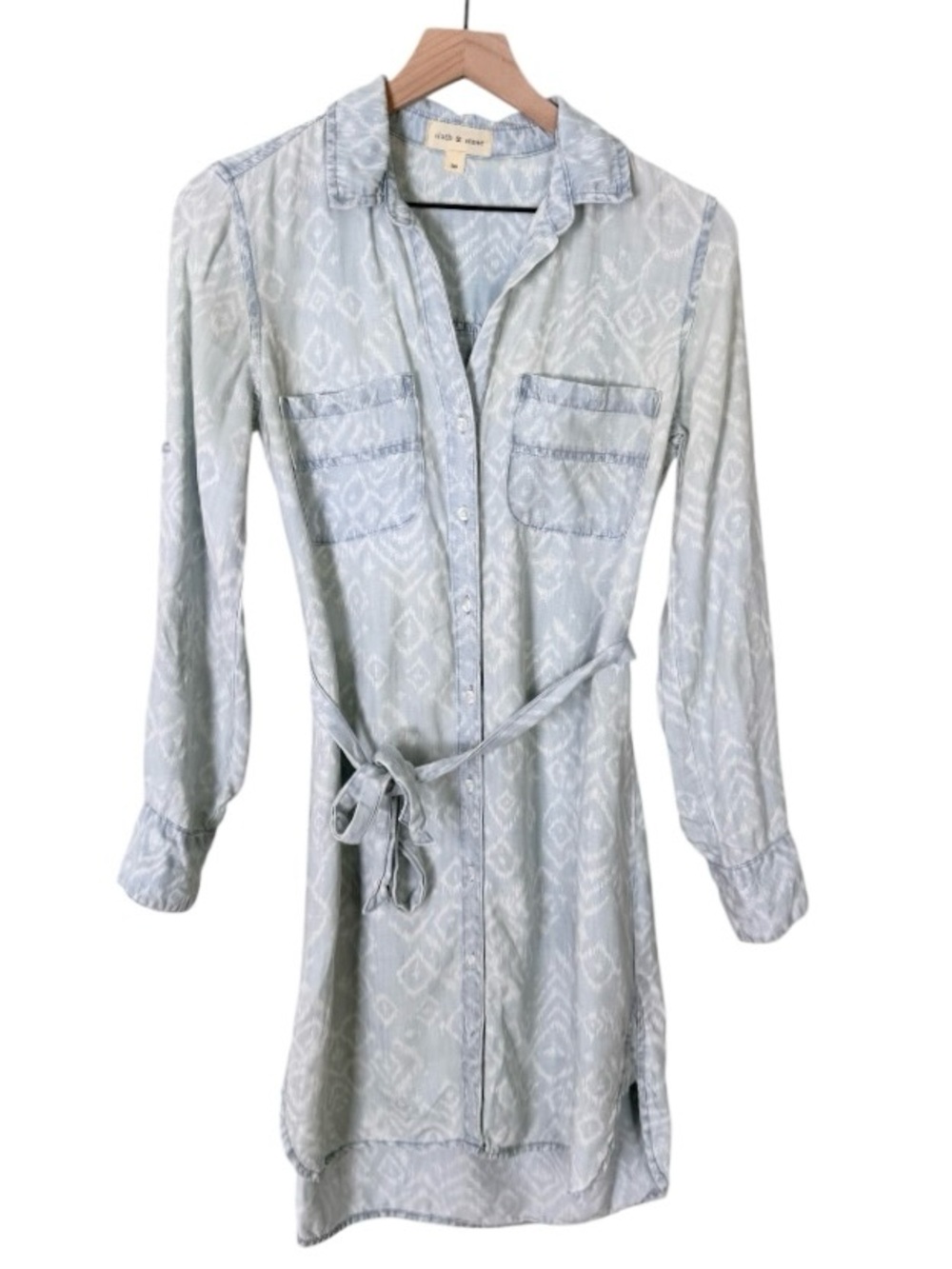 Cloth & Stone Ikat Chambray Belted Shirt Dress Mini Length Blue White Size XS